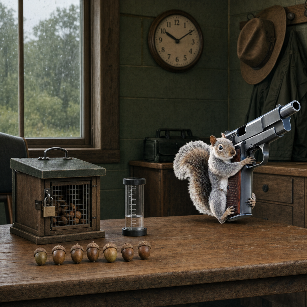 The squirrel and its pistol on a ranger's desk beside a locked acorn crate and a neat row of acorns